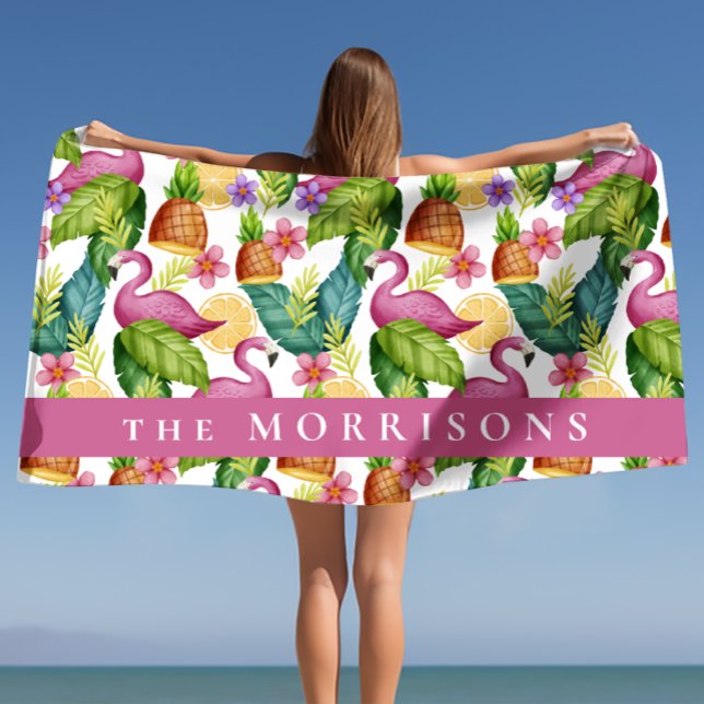 Tropical Flowers and Leaves Pink Flamingo Custom Beach Towel (Tropical Flowers and Leaves Pink Flamingo Custom Beach Towel)