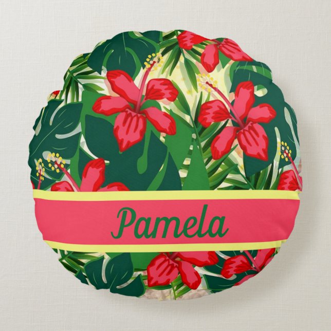 Tropical flowers and leaves round cushion (Front)