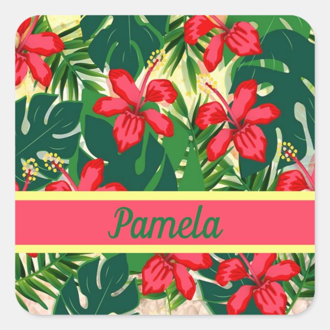 Tropical flowers and leaves square sticker (Front)