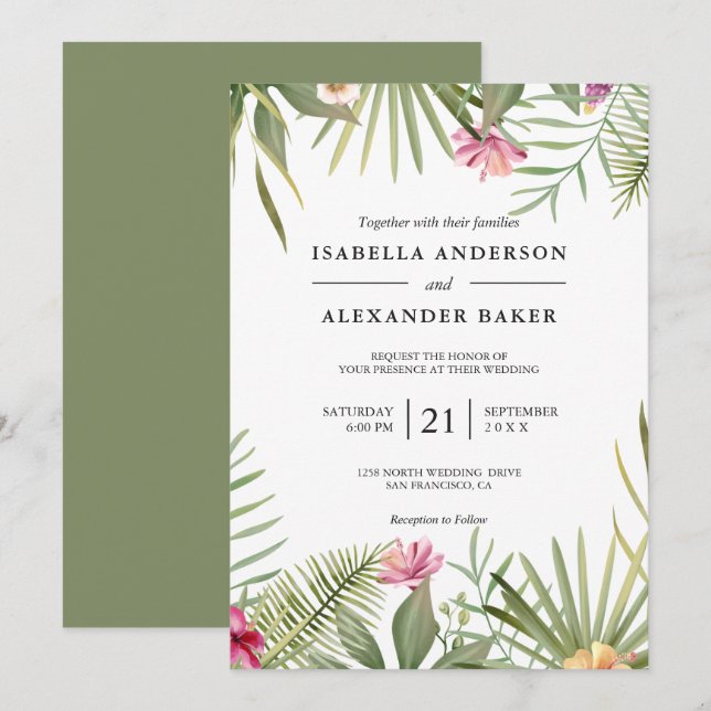 Tropical Flowers And Leaves Wedding Invitation (Front/Back)
