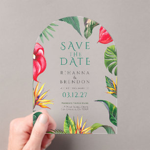 Tropical Flowers and Leaves Wedding Save the Date Acrylic Invitations