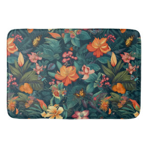 Tropical Flowers and Leaves with Butterflies Bath Mat