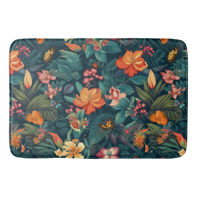 Tropical Flowers and Leaves with Butterflies Bath Mat (Front)