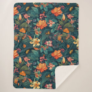 Tropical Flowers and Leaves with Butterflies Sherpa Blanket