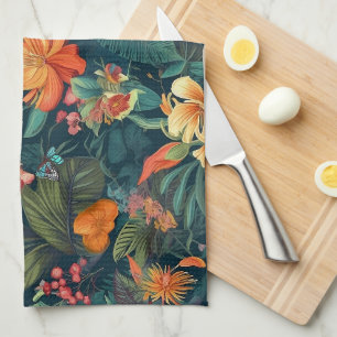 Tropical Flowers and Leaves with Butterflies Tea Towel
