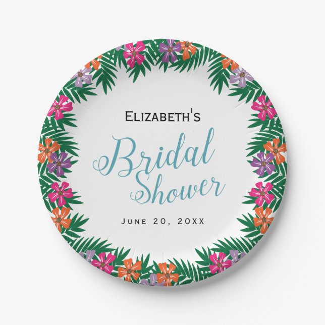 Tropical Flowers and Palm Branches Bridal Shower Paper Plate (Front)