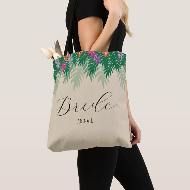 Tropical Flowers and Palm Branches Bride Tote Bag (Close Up)