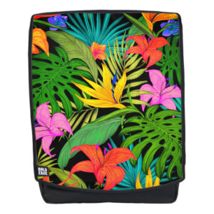 Tropical flowers and palm leaves backpack