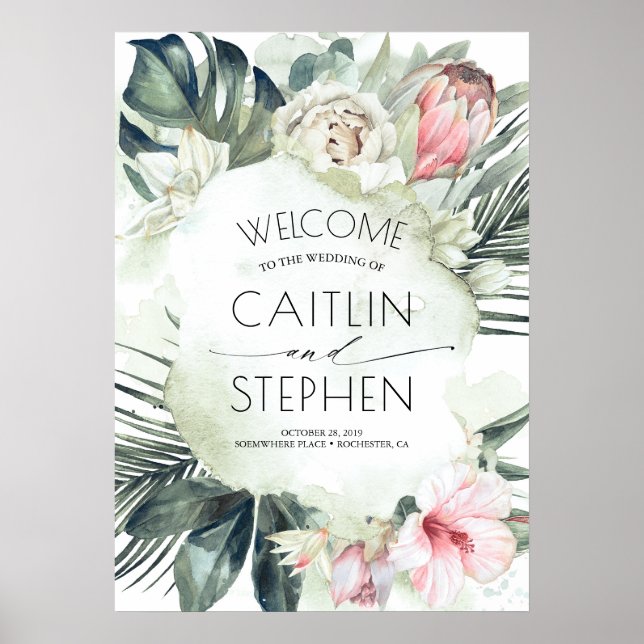Tropical Flowers and Palm Leaves Beach Wedding Poster (Front)