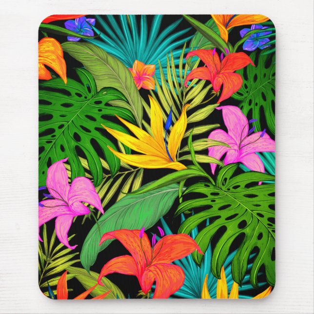 Tropical flowers and palm leaves mouse mat (Front)