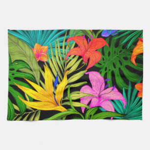 Tropical flowers and palm leaves tea towel