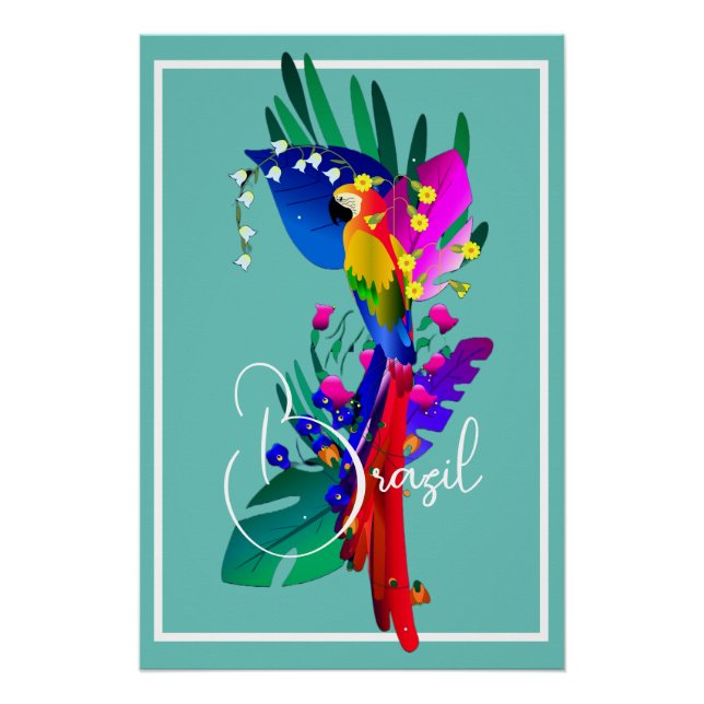 Tropical Flowers and Parrot Poster (Front)