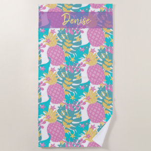 Tropical flowers and pineapples beach towel
