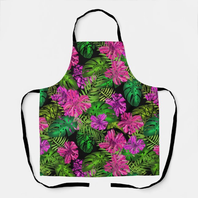 Tropical flowers and plants on black  apron (Front)