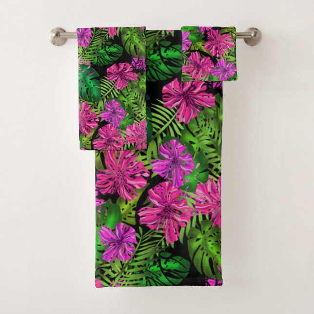 Tropical flowers and plants on black  bath towel set (Insitu)