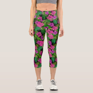 Tropical flowers and plants on black capri leggings