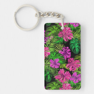 Tropical flowers and plants on black  key ring