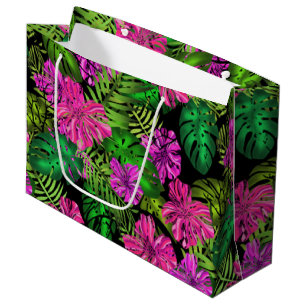 Tropical flowers and plants on black  large gift bag