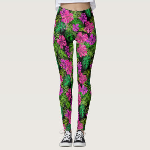 Tropical flowers and plants on black  leggings