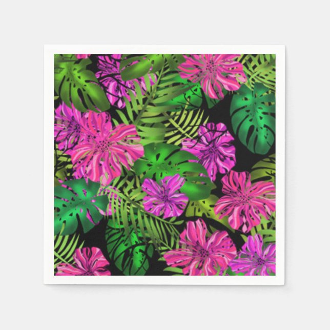 Tropical flowers and plants on black  napkin (Front)