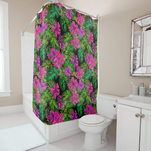 Tropical flowers and plants on black  shower curtain