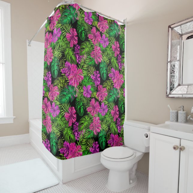 Tropical flowers and plants on black  shower curtain (In Situ)