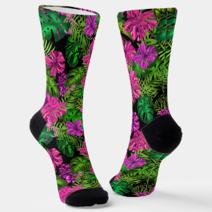 Tropical flowers and plants on black socks