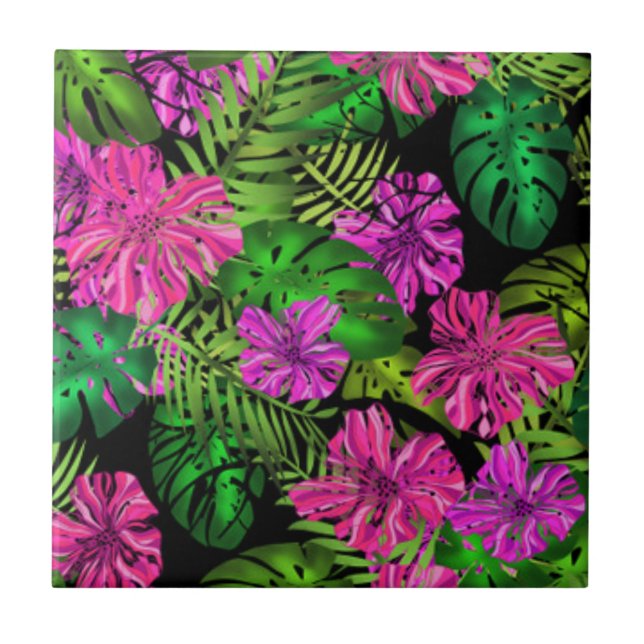 Tropical flowers and plants on black  tile (Front)