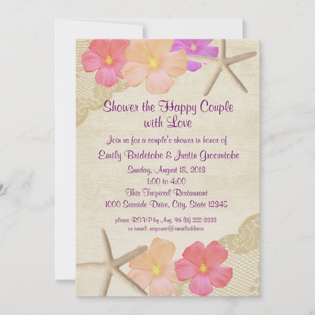 Tropical Flowers and Starfish Couple's Shower Invitation (Front)