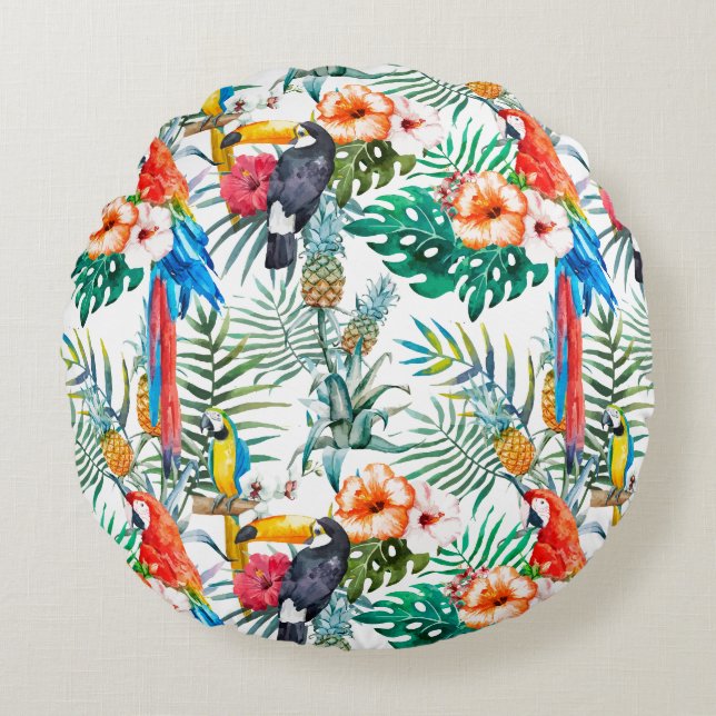 Tropical Flowers and Toucan  Round Cushion (Front)