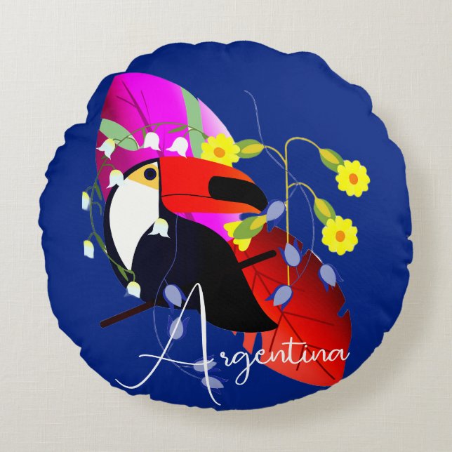 Tropical Flowers and Toucan Round Cushion (Front)