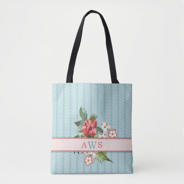 Tropical Flowers Aqua/Coral Personalised Tote Bag (Front)