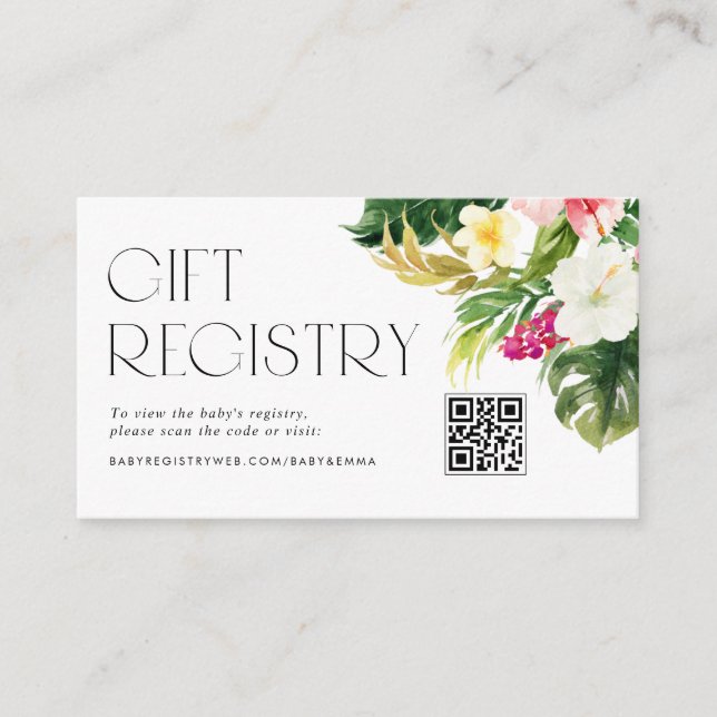 Tropical Flowers Baby Shower QR Code Registry Enclosure Card (Front)