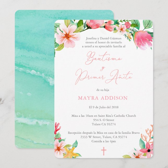 Tropical Flowers Bautizo Girl Baptism in Spanish Invitation (Front/Back)