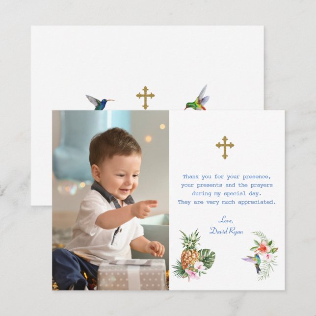 Tropical Flowers Bird Photo Boy Cross Baptism Thank You Card (Front/Back)