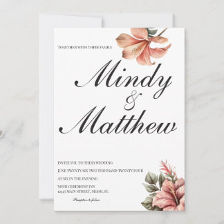 Tropical Flowers Black and White Script Wedding Invitation