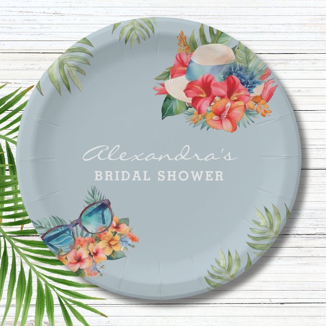 Tropical Flowers Blue Beach Bridal Shower Paper Plate (Creator Uploaded)