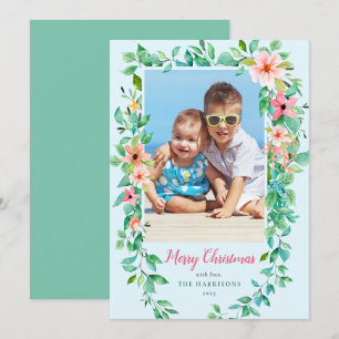 Tropical Flowers Blue Christmas 1-Photo Card