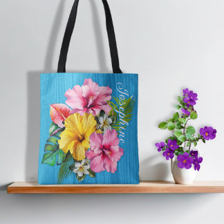Tropical Flowers Blue Wood Personalized AOP Tote Bag