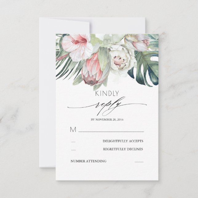 Tropical Flowers Blush Pink Wedding RSVP Card (Front)