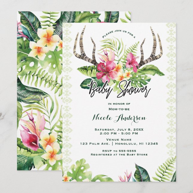 Tropical Flowers Boho Rustic Antler Baby Shower Invitation (Front/Back)