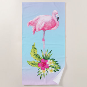 Tropical Flowers Bouquet & Pink Flamingo Beach Towel