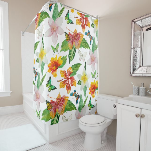 Tropical Flowers & Butterflies pattern Shower Curtain (In Situ)