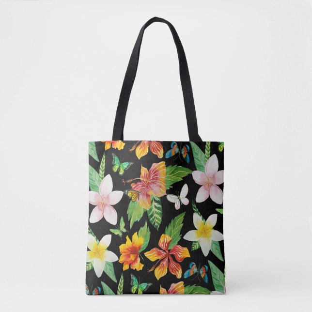 Tropical Flowers & Butterflies pattern Tote Bag (Front)