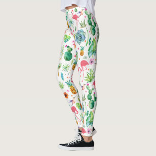 Tropical Flowers Cactus & Flamingos Pattern Leggings