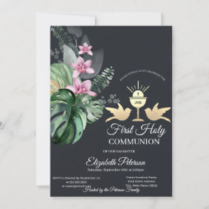 Tropical Flowers Chalice First Holy Communion   Invitation