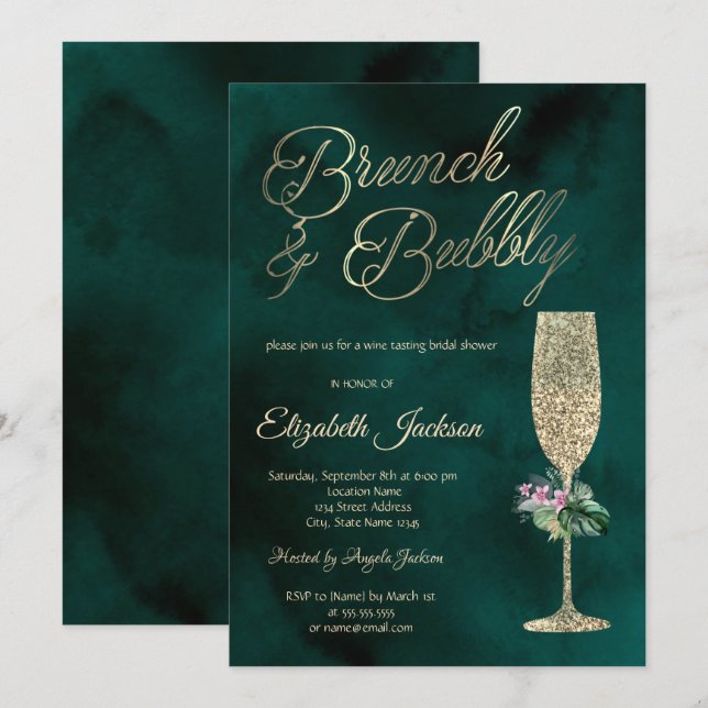 Tropical Flowers Champagne Glass Green Invitation (Front/Back)