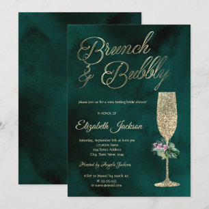 Tropical Flowers Champagne Glass Green Invitation