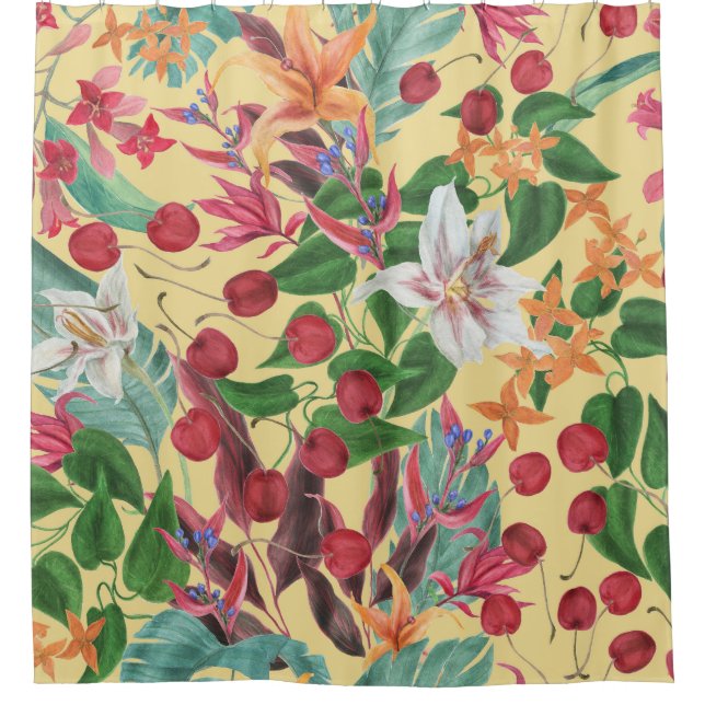 Tropical Flowers Cherry: Watercolor Seamless Patte Shower Curtain (Front)