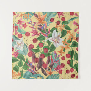 Tropical Flowers Cherry: Watercolor Seamless Patte Tapestry